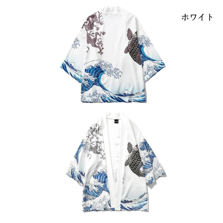 はっぴ 和服 | 浮世絵 法被 富士山・鯉龍柄 和装羽織 XLサイズ