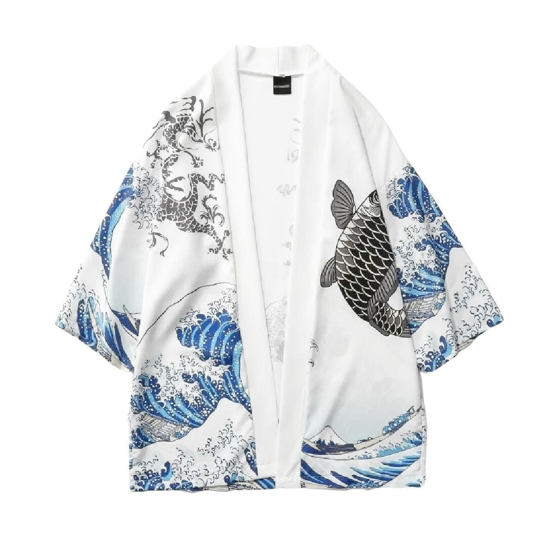 はっぴ 和服 | 浮世絵 法被 富士山・鯉龍柄 和装羽織 XLサイズ