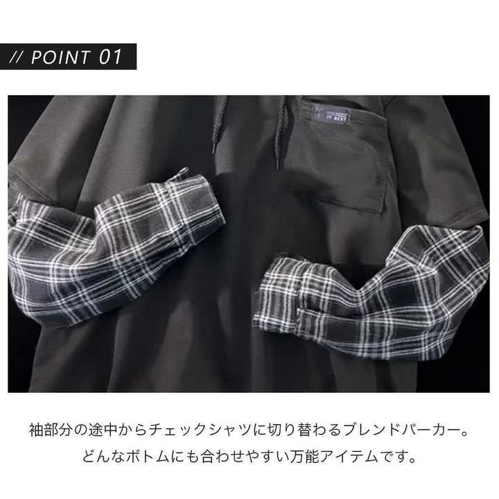 パーカー 女性 | ツートンチェックパーカー ビッグシルエット 長袖 - メンズ・レディース兼用