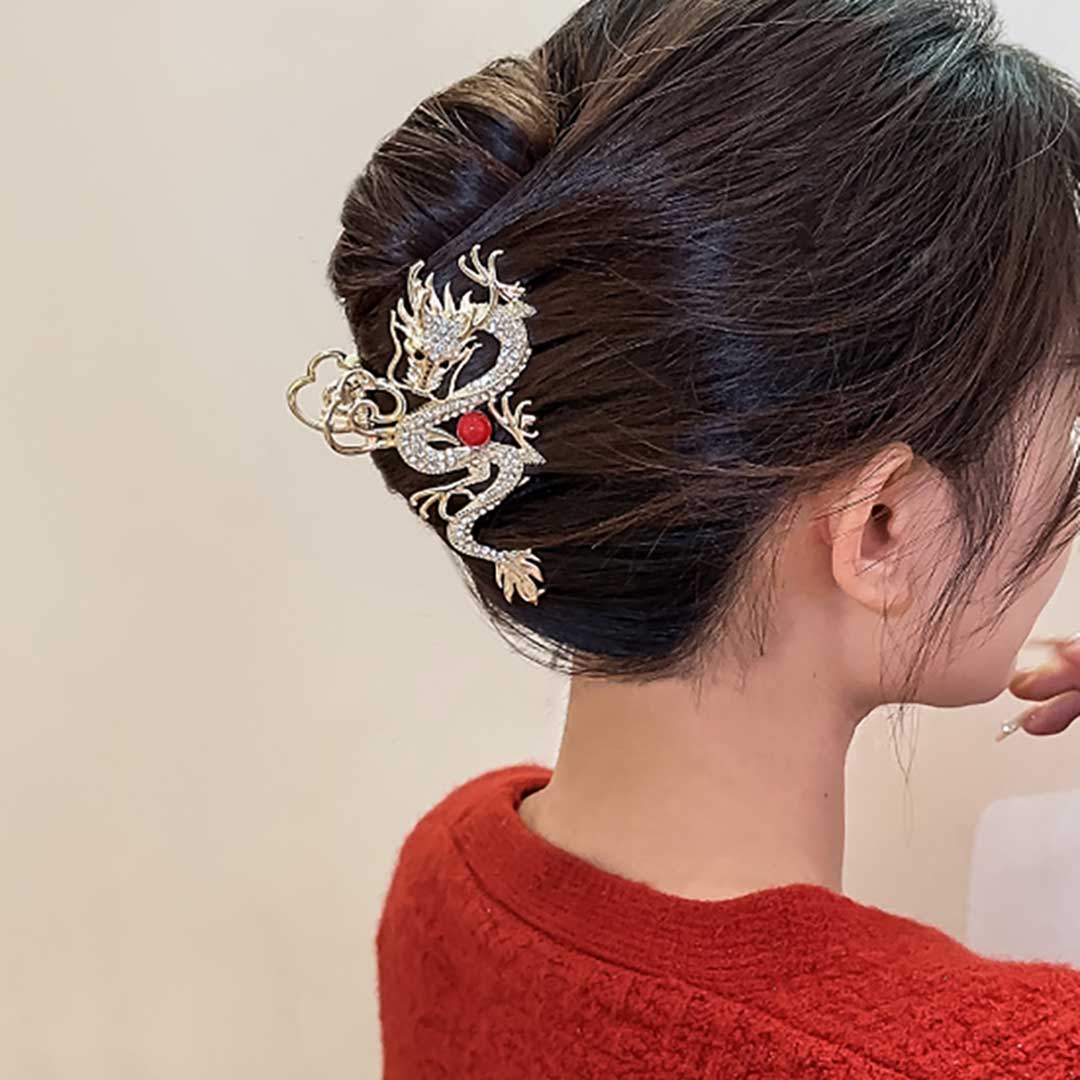 ヘアアクセサリー | 龍と赤玉のゴールドヘアクリップ