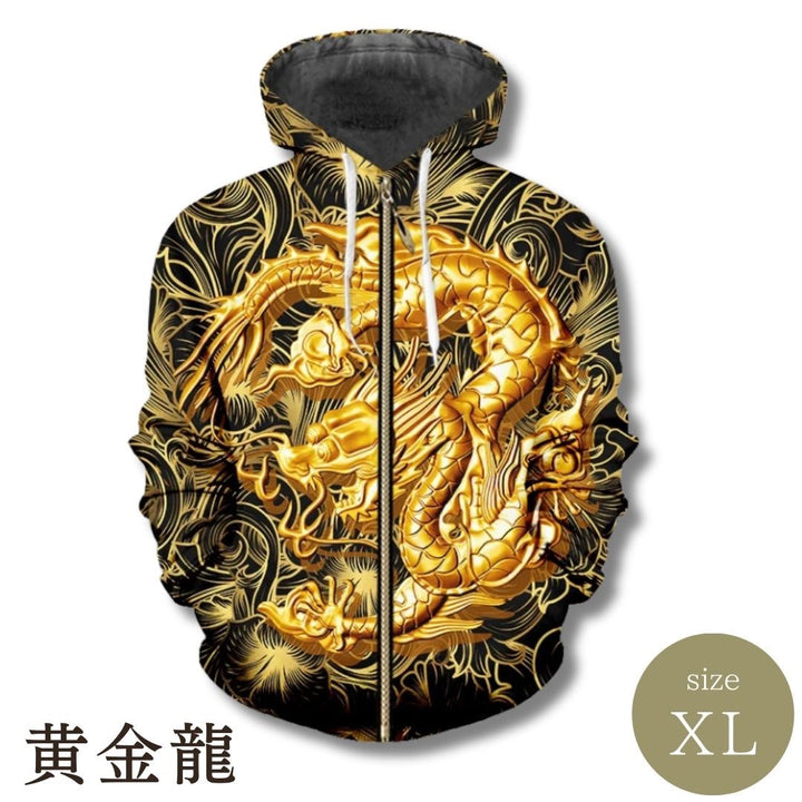 パーカー 男性 | 黄金龍フルジップパーカー メンズ ブラック・金色