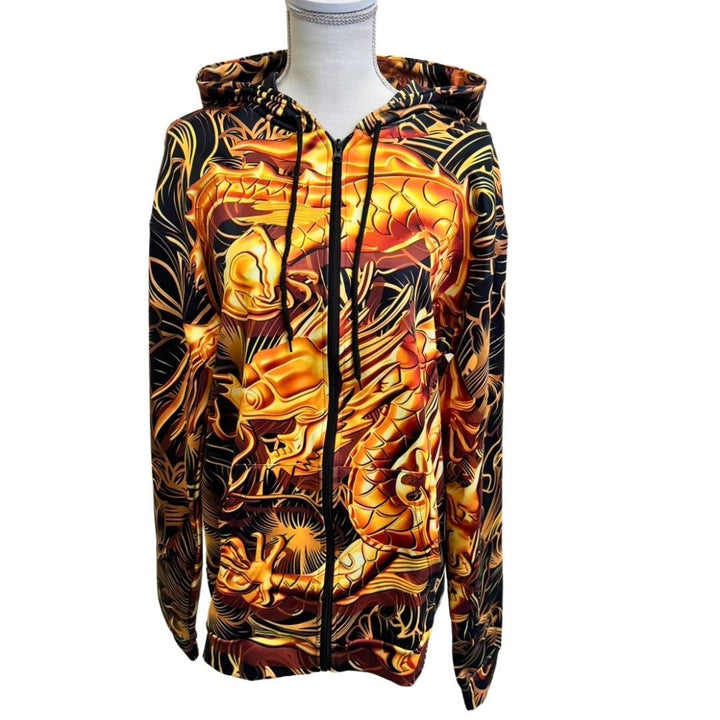 パーカー 男性 | 黄金龍フルジップパーカー メンズ ブラック・金色