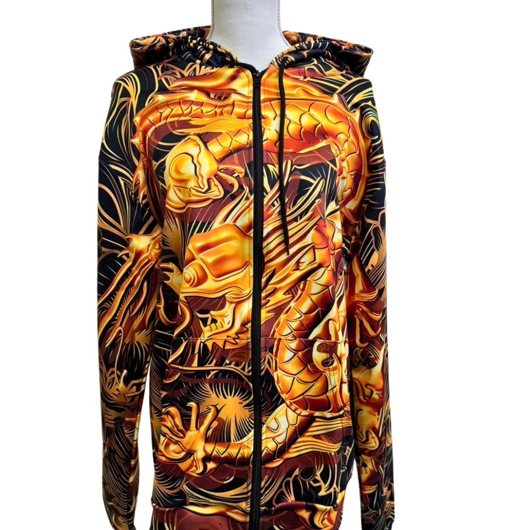 パーカー 男性 | 黄金龍フルジップパーカー メンズ ブラック・金色