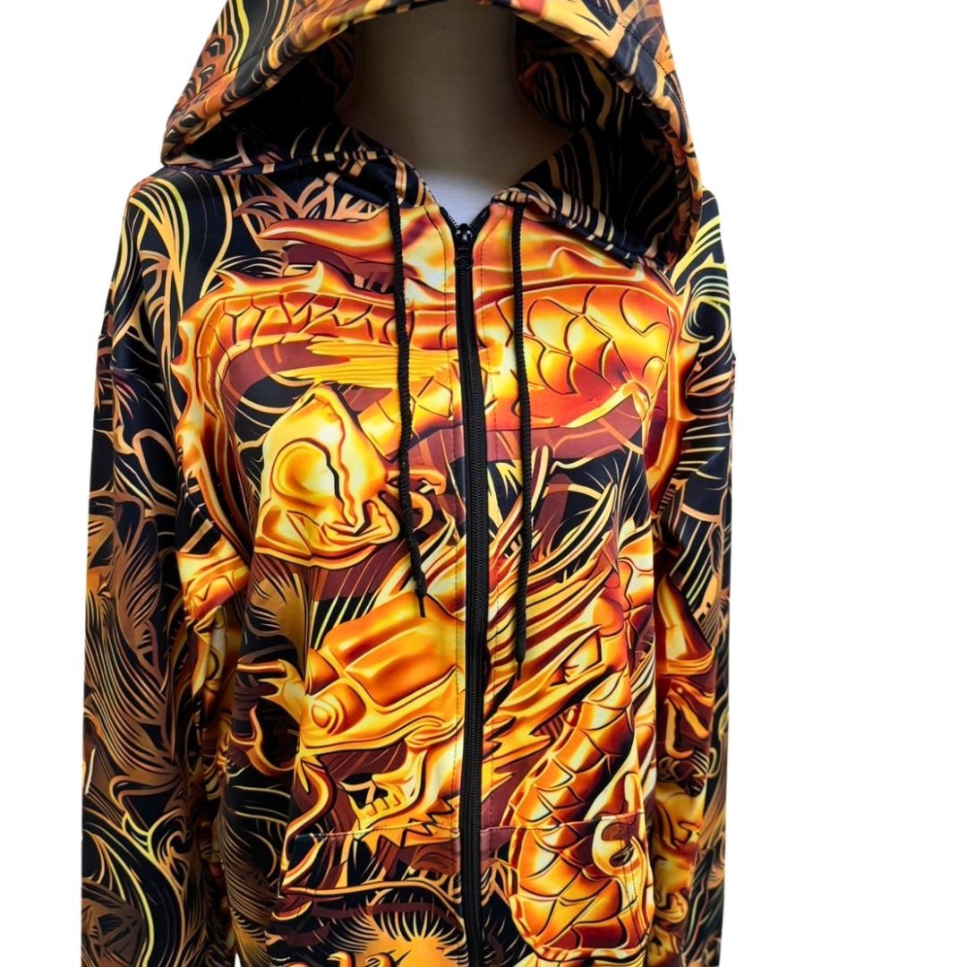 パーカー 男性 | 黄金龍フルジップパーカー メンズ ブラック・金色