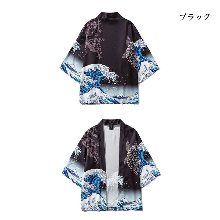 はっぴ 和服 | 浮世絵 法被 富士山・鯉龍柄 和装羽織 XLサイズ