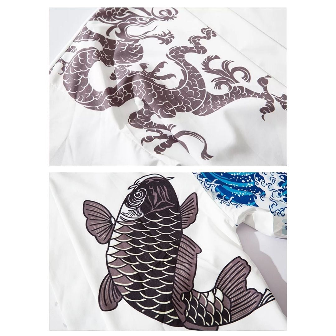 はっぴ 和服 | 浮世絵 法被 富士山・鯉龍柄 和装羽織 XLサイズ