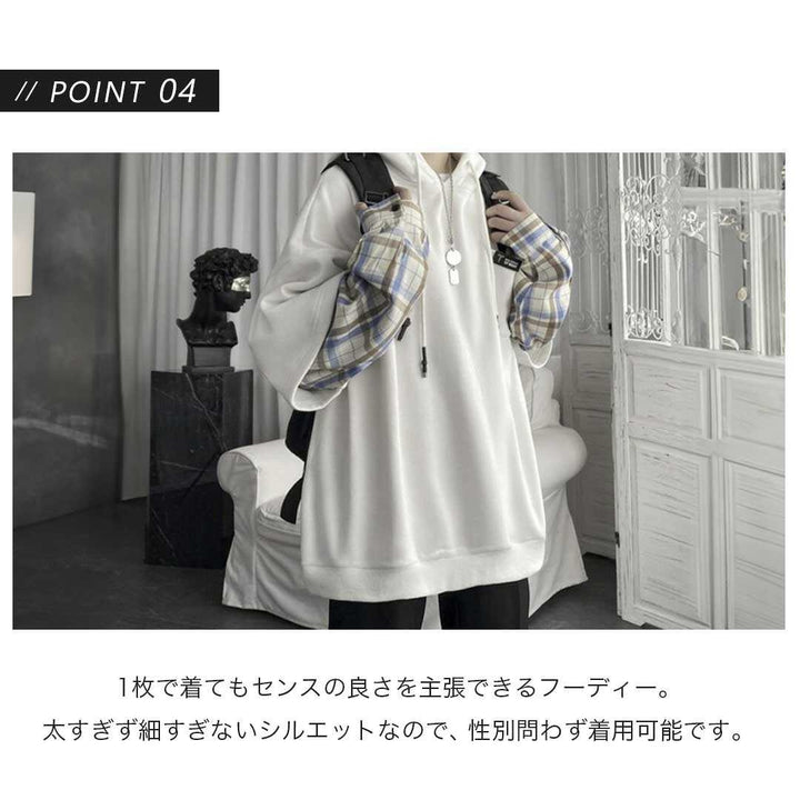 パーカー 女性 | ツートンチェックパーカー ビッグシルエット 長袖 - メンズ・レディース兼用