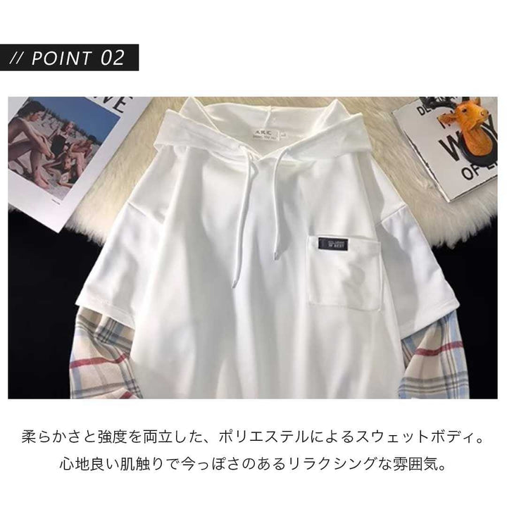 パーカー 女性 | ツートンチェックパーカー ビッグシルエット 長袖 - メンズ・レディース兼用