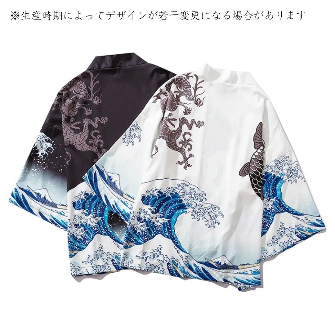 はっぴ 和服 | 浮世絵 法被 富士山・鯉龍柄 和装羽織 XLサイズ