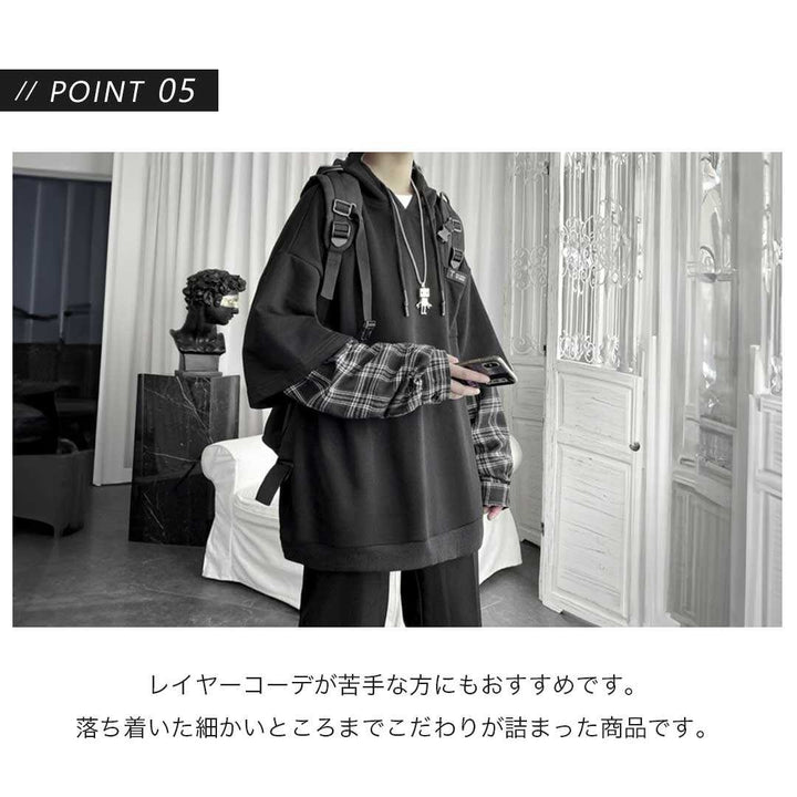 パーカー 女性 | ツートンチェックパーカー ビッグシルエット 長袖 - メンズ・レディース兼用