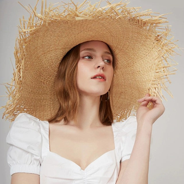 キャップ | つば広フリンジ麦わら帽子 - 紫外線対策・日焼け防止