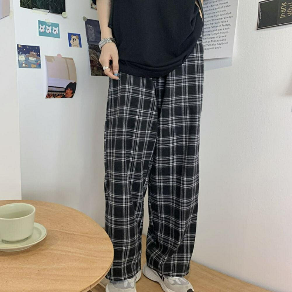 ボトムス 女性 | チェック柄ストレートパンツ 春夏用 ユニセックス