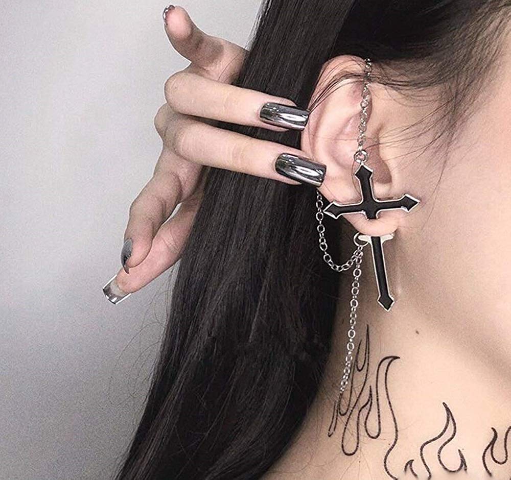 ピアス イヤーカフ | ブラッククロスチェーンピアス ユニセックス