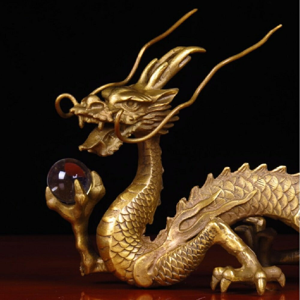 風水 インテリア | 開運クリスタル龍置物 - 真鍮製
