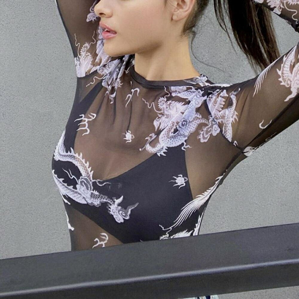 シャツ 女性 | 龍柄シースルートップス レディース 長袖
