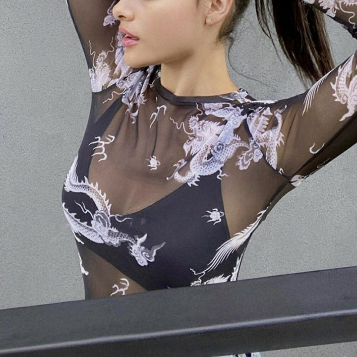 シャツ 女性 | 龍柄シースルートップス レディース 長袖