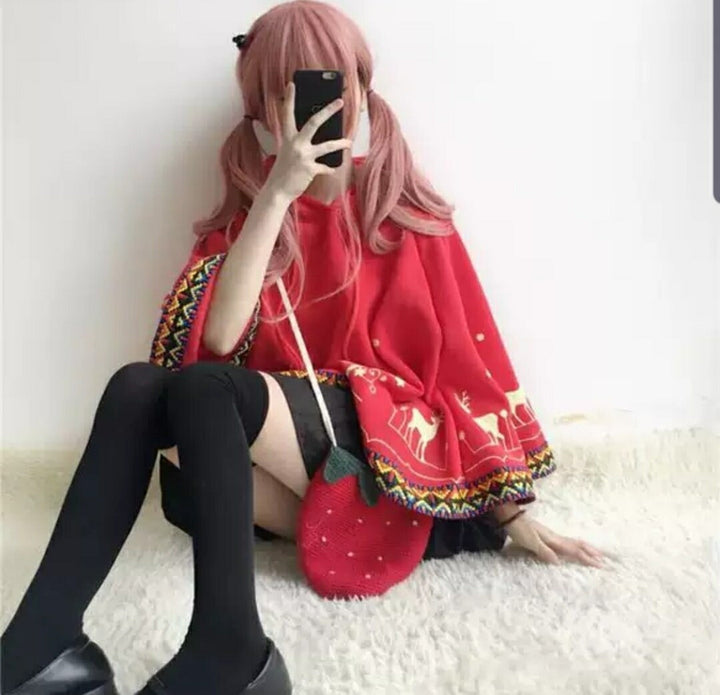 パーカー 女性 | レッド トナカイ柄 クリスマス ポンチョ