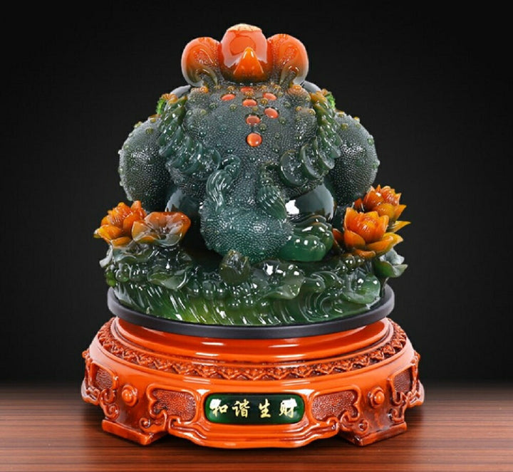風水 インテリア | 蓮の花に座る特大風水カエル - 金運・商売繁盛・開店祝い