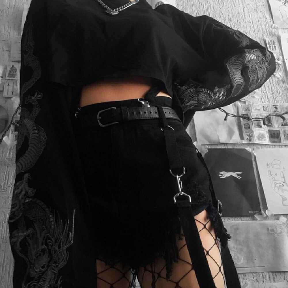 シャツ 女性 | ドラゴン柄クロップトップ 長袖・オーバーサイズ【ヒップホップ/原宿系】