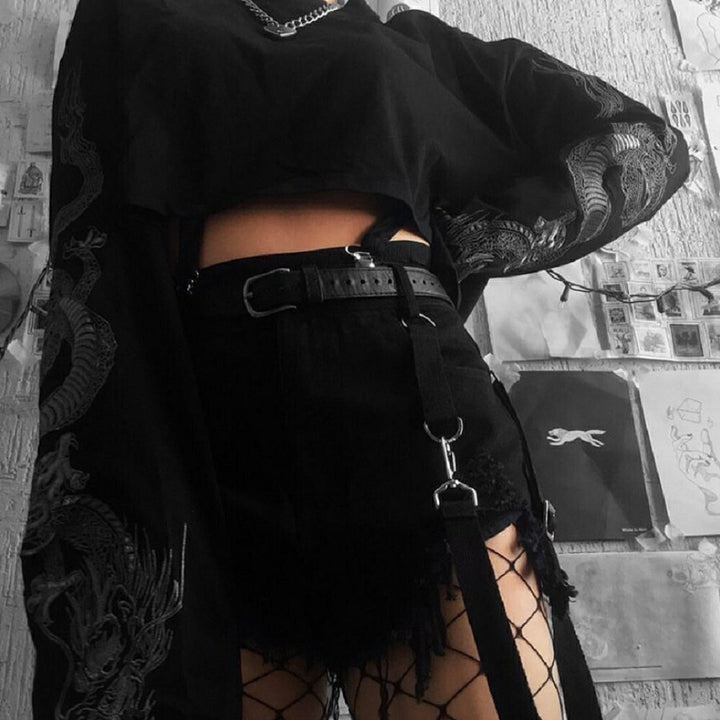 シャツ 女性 | ドラゴン柄クロップトップ 長袖・オーバーサイズ【ヒップホップ/原宿系】