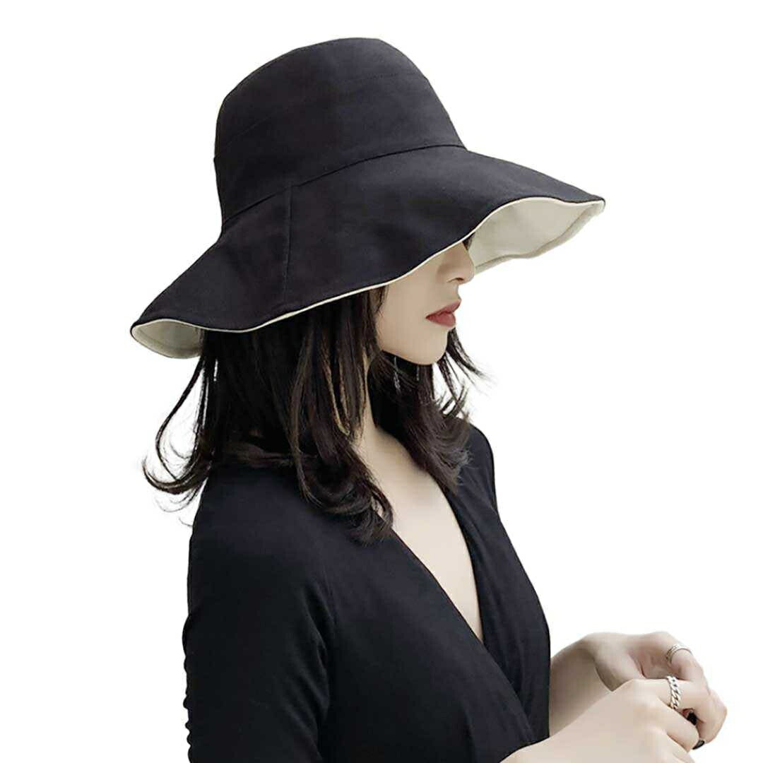 キャップ | リバーシブル帽子 バケットハット つば広 - ブラック/オフホワイト