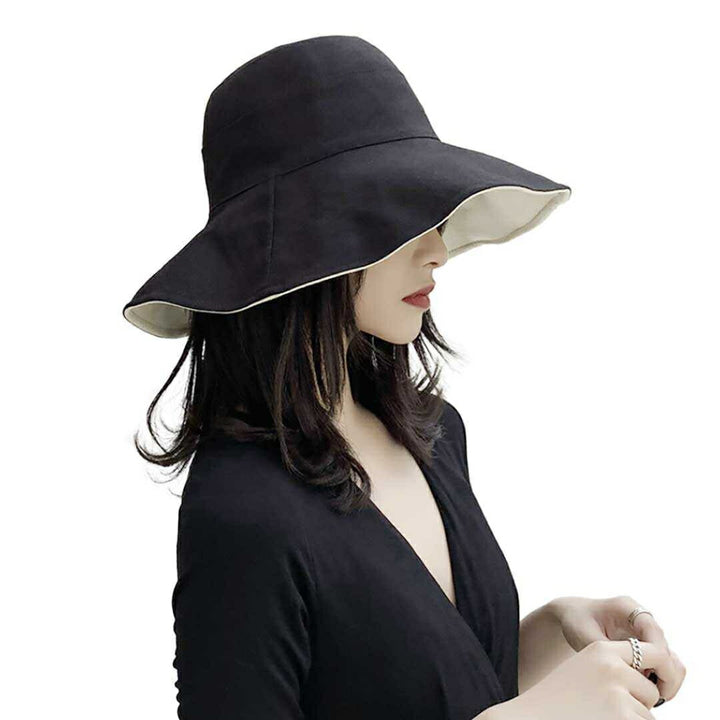 キャップ | リバーシブル帽子 バケットハット つば広 - ブラック/オフホワイト