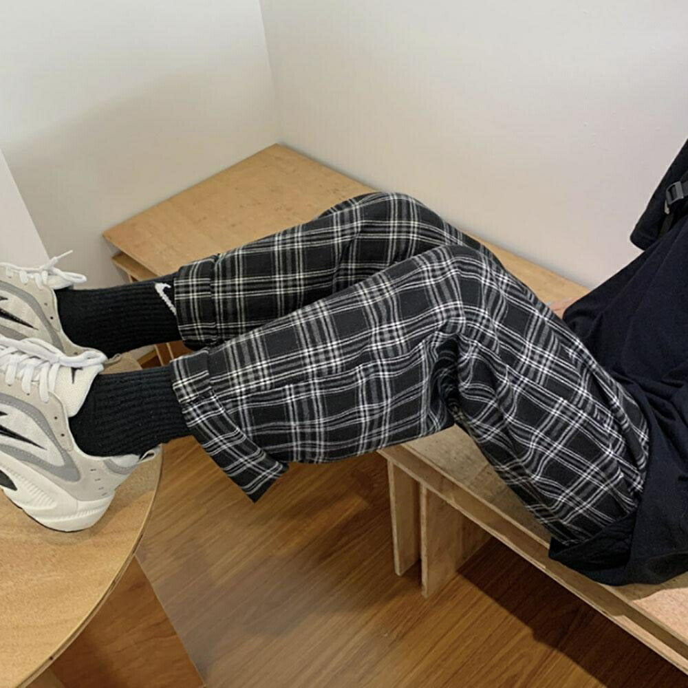 ボトムス 女性 | チェック柄ストレートパンツ 春夏用 ユニセックス