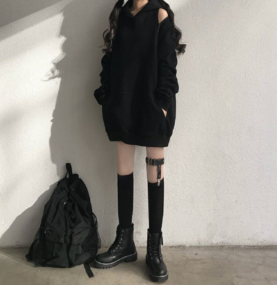 パーカー 女性 | ブラックオフショルダーパーカー ビッグシルエット