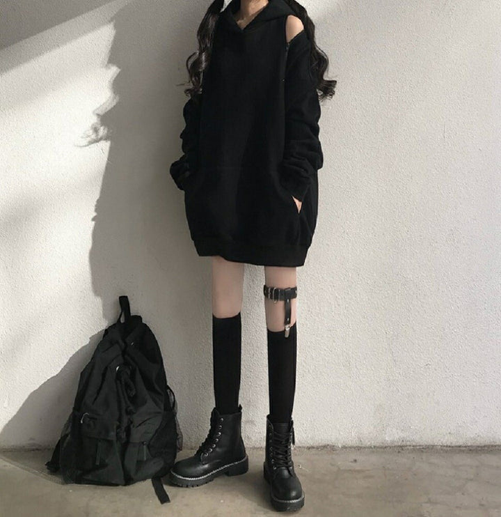 パーカー 女性 | ブラックオフショルダーパーカー ビッグシルエット