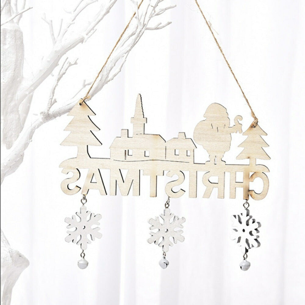 イベントグッズ | クリスマス木製サンタドア飾り（鈴・雪の結晶付き）