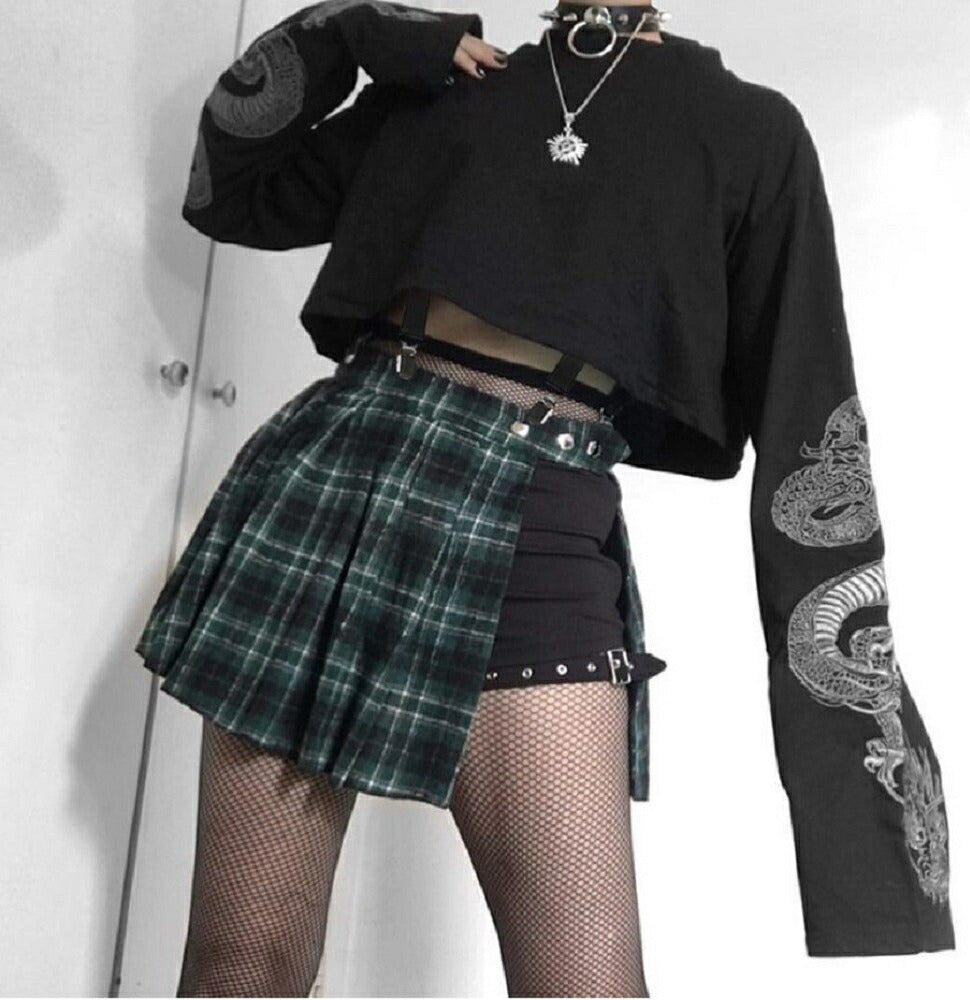 シャツ 女性 | ドラゴン柄クロップトップ 長袖・オーバーサイズ【ヒップホップ/原宿系】