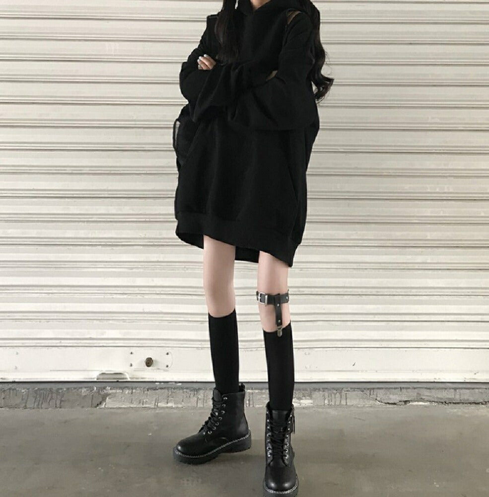 パーカー 女性 | ブラックオフショルダーパーカー ビッグシルエット