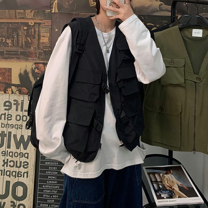 男性ファッション その他 | 黒無地メンズフィッシングベスト：多機能・多ポケット