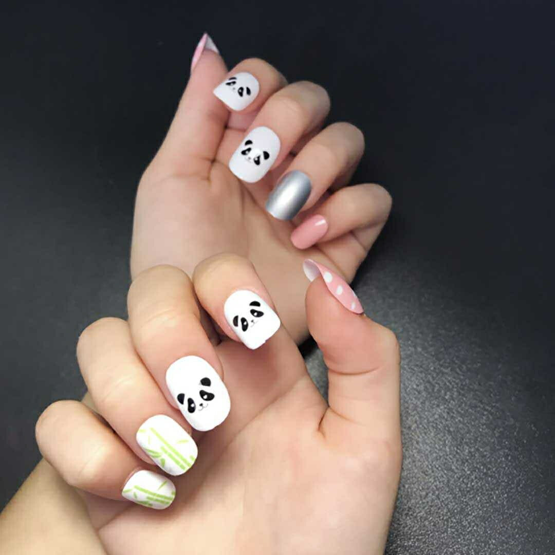コスメティック | パンダデザイン キッズネイルチップ 24個入り - 子供用ショートサイズ
