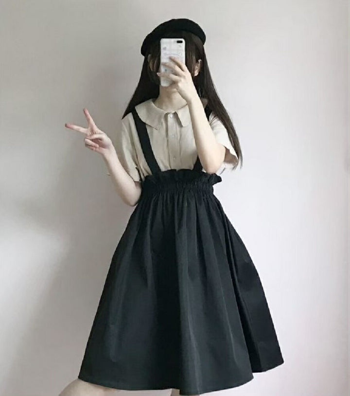 ボトムス 女性 | ブラック無地フレアサスペンダースカート