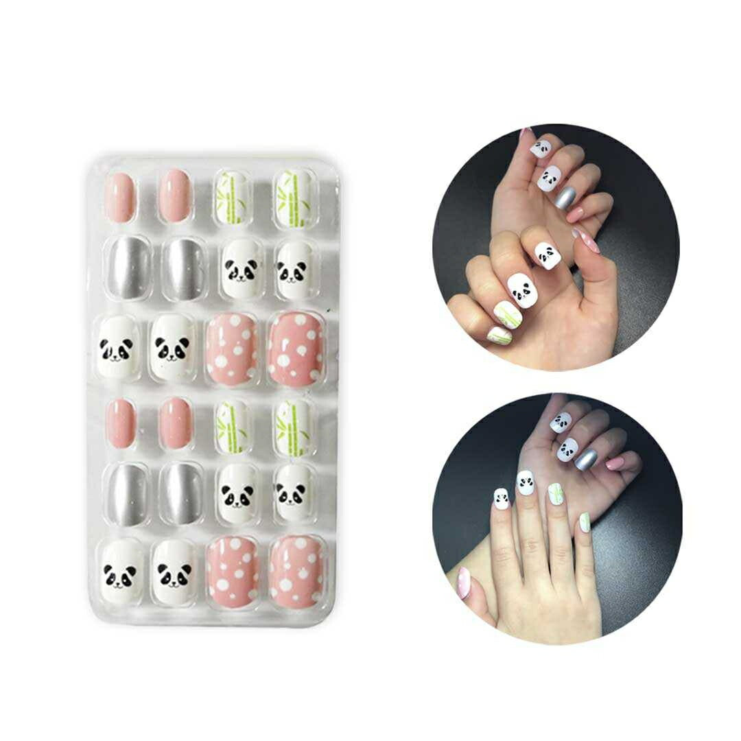 コスメティック | パンダデザイン キッズネイルチップ 24個入り - 子供用ショートサイズ