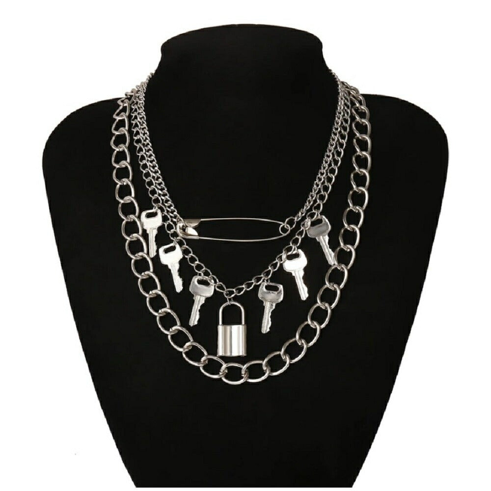 ネックレス | ハート＆キー南京錠デザイン ネックレス - シルバー【メンズ・レディース】
