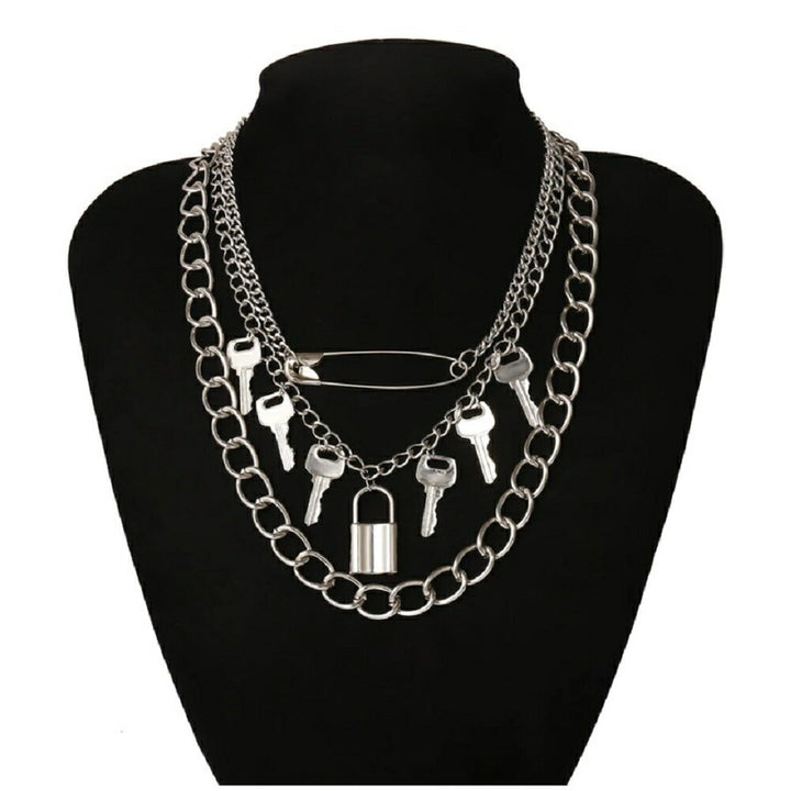 ネックレス | ハート＆キー南京錠デザイン ネックレス - シルバー【メンズ・レディース】