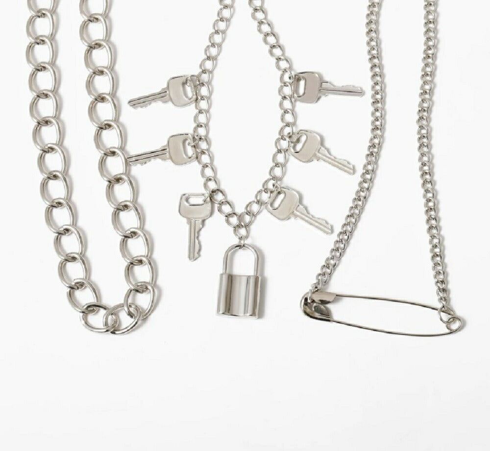 ネックレス | ハート＆キー南京錠デザイン ネックレス - シルバー【メンズ・レディース】