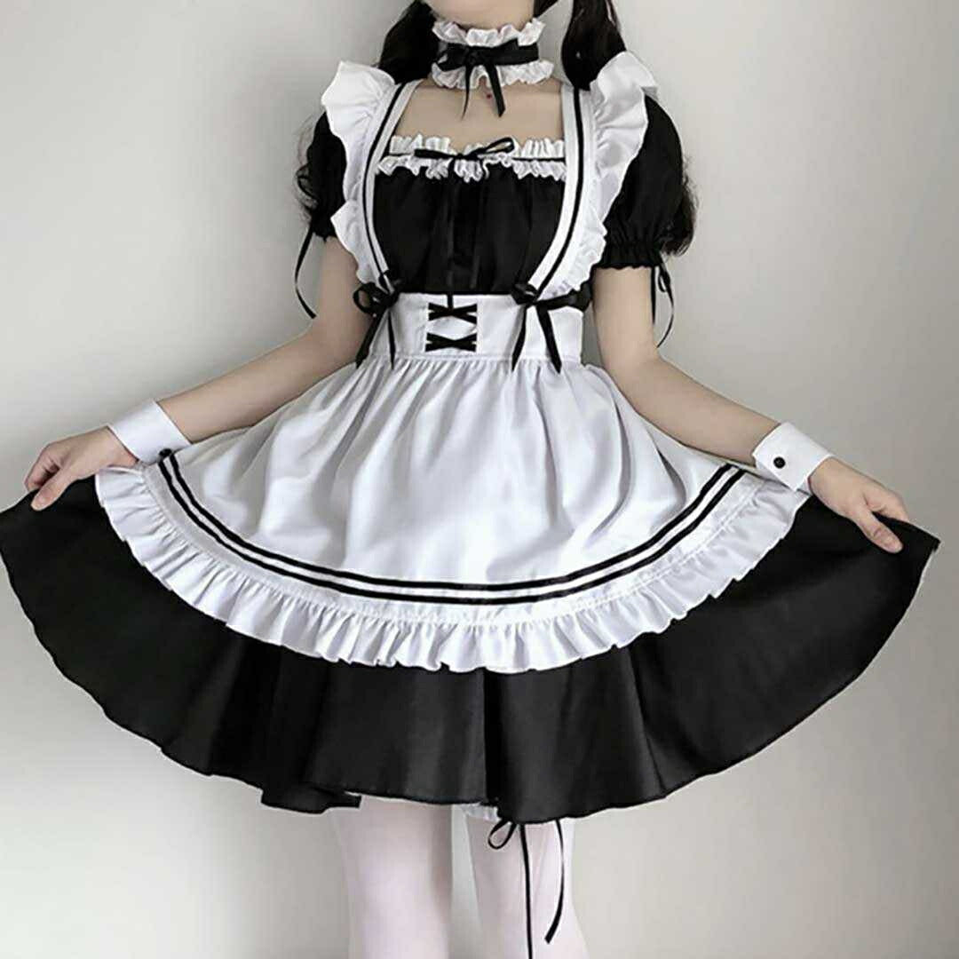 ワンピース ドレス | ハロウィン用メイド服コスプレセット - ホワイト＆ブラック、大きいサイズあり