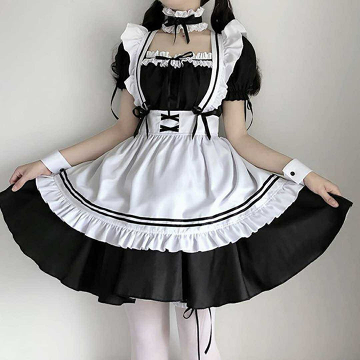 ワンピース ドレス | ハロウィン用メイド服コスプレセット - ホワイト＆ブラック、大きいサイズあり