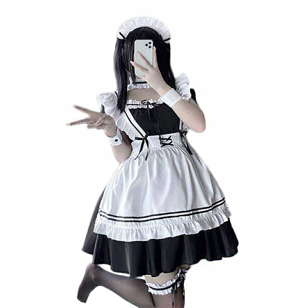 ワンピース ドレス | ハロウィン用メイド服コスプレセット - ホワイト＆ブラック、大きいサイズあり