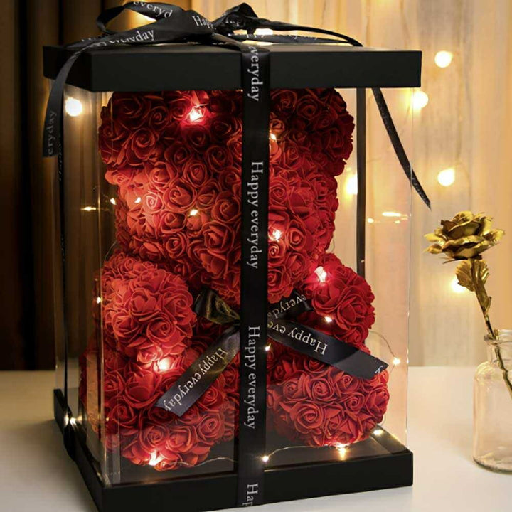 インテリア オブジェ | LEDライト付きプリザーブド薔薇テディベア - レッドorピンク