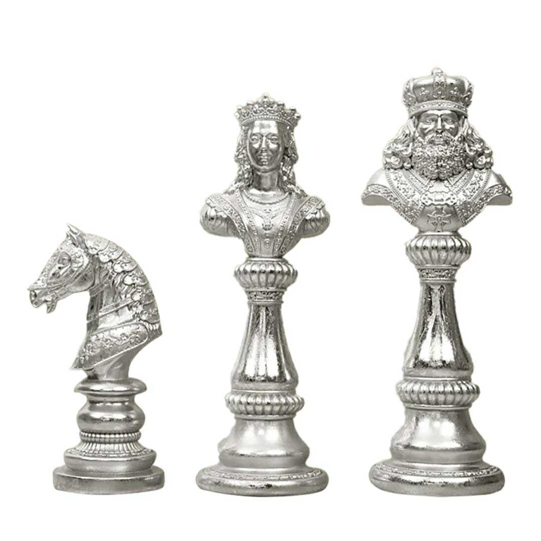 インテリア オブジェ | ナイト＆クイーン チェス駒デザイン置物3個セット 【アンティーク調仕上げ・微細な塗装ムラ等あり】