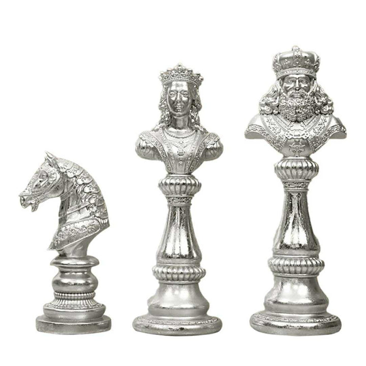 インテリア オブジェ | ナイト＆クイーン チェス駒デザイン置物3個セット 【アンティーク調仕上げ・微細な塗装ムラ等あり】