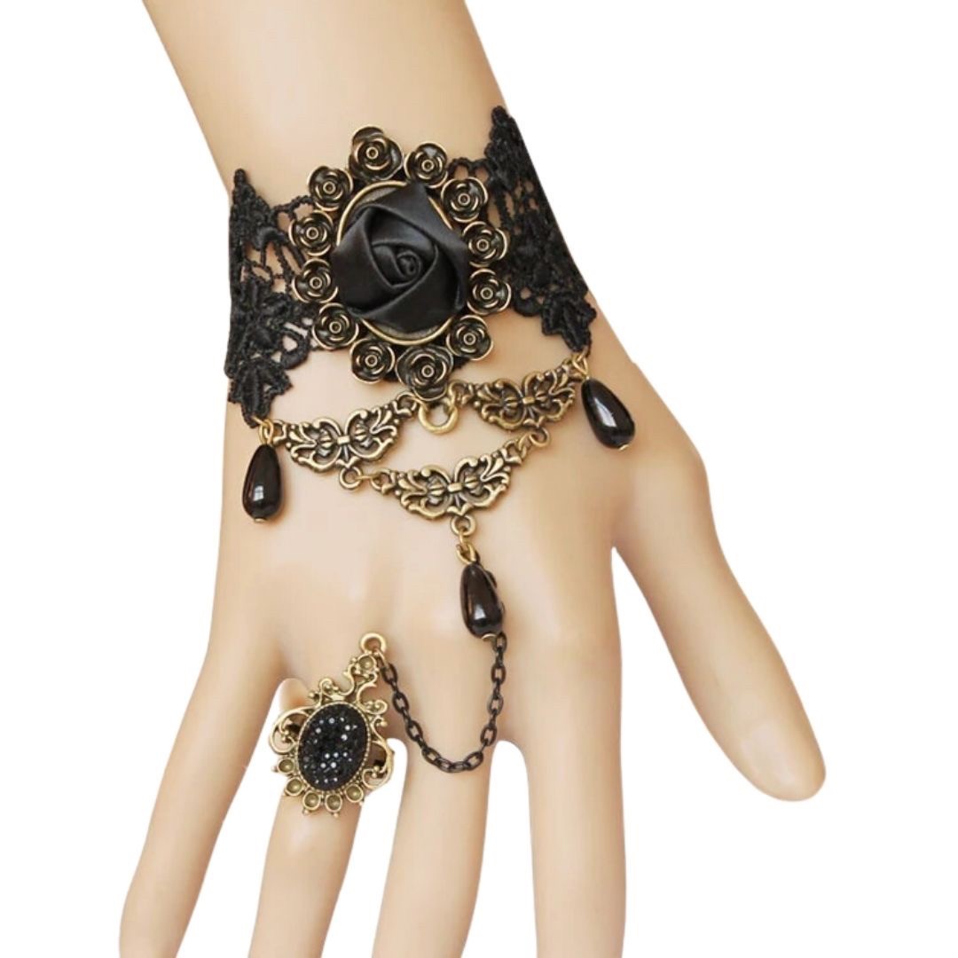 ブレスレット | 黒薔薇レースブレスレット - シンプルアンティーク風