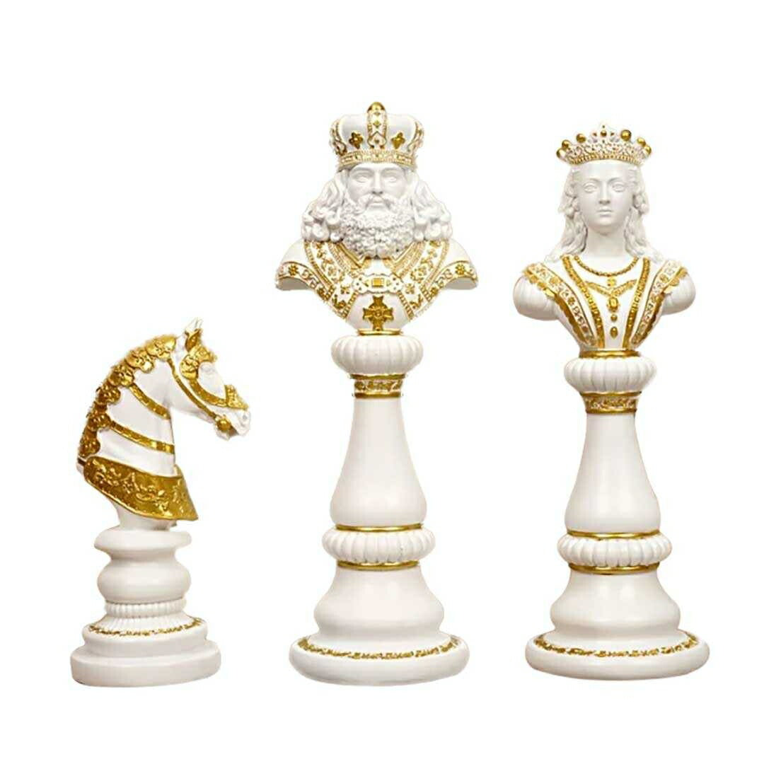 インテリア オブジェ | ナイト＆クイーン チェス駒デザイン置物3個セット 【アンティーク調仕上げ・微細な塗装ムラ等あり】