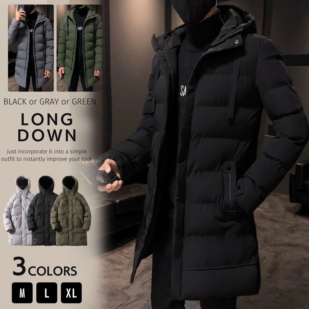 アウタージャケット 男性 | メンズ スタイリッシュ ロングダウンコート | 防寒・フード付き・3カラー