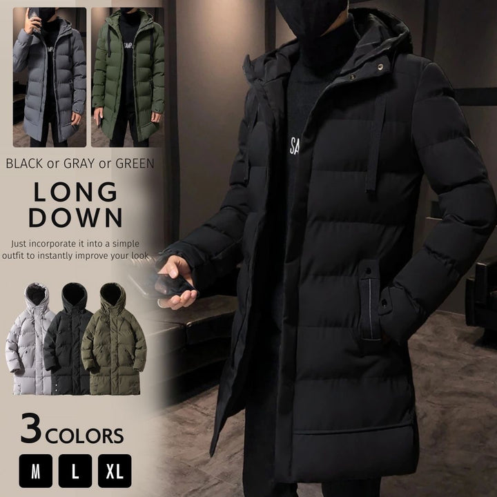 アウタージャケット 男性 | メンズ スタイリッシュ ロングダウンコート | 防寒・フード付き・3カラー