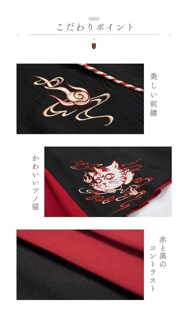 はっぴ 和服 | 「和装風ツノ付き猫柄ダンス衣装セット（上下）- ホワイト/ブラック選択可」